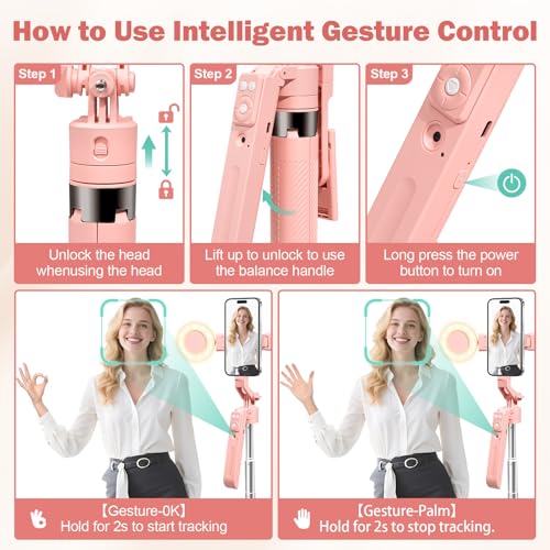 70.9" Auto Face Tracking Selfie Stick Tripod for iPhone with Light, 360° Rotation & Gesture Control, Cell Phone Tripod with Remote for TikTok/Vlog/Live Stream, Compatible with iPhone/Android - color: Pink with 4 Accessories