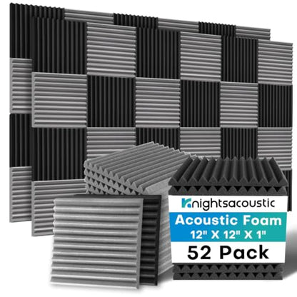 52 Pack Acoustic Foam Panels, 1 X 12 X 12 Inches Sound Proof Foam Panels for Walls, High Density Acoustic Panels Sound Absorbing, Black Grey Noise Cancelling Studio Wedges (NOT Include Adhesive) - size: 52Packs Grey+Black