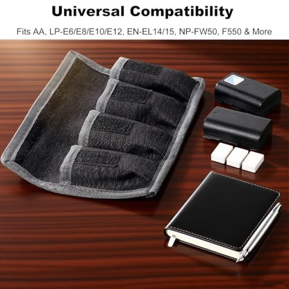 Camera Battery Case Pouch Holder Storage Organizer Bag for AA/AAA Batteries Lithium Ion Cells and 4 Keeper Slots Fits LP-E6 EN-EL15 NP-FW50 NP-F550 and More Compact Travel Cases (Gray)
