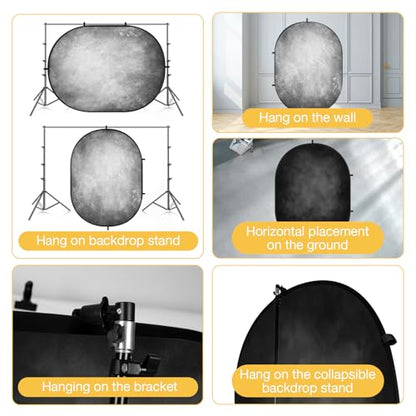 Kate 5x6.5ft(1.5x2m) Collapsible Backdrop Folded Microfiber Professional Grey and Black Double-Sided Pop up Collapsible Background for Photography