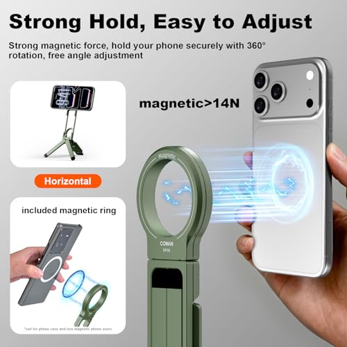 COMAN DP58 Magnetic Phone Tripod, Aluminum MagSafe Tripod Stand with Carabiner, Mini Portable Travel Pocket Stand for iPhone & Non-Magnetic Phones with Included Ring - color: Green