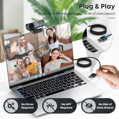 1080P HD Webcam with Microphone, Noise Cancellation, Wide-Angle Lens, Auto Light Correction, PC, Mac, Zoom, Skype, Streaming (Black)