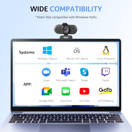 Acer 1080p Webcam USB Plug and Play Webcam for PC with Noise Cancellation Microphones Computer Camera for Desktop Streaming Gaming Online Meeting Wide Angle Privacy Cover A-to-C Adapter Easy Setup - color: Black