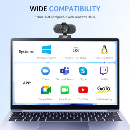 Acer 1080p Webcam USB Plug and Play Webcam for PC with Noise Cancellation Microphones Computer Camera for Desktop Streaming Gaming Online Meeting Wide Angle Privacy Cover A-to-C Adapter Easy Setup - color: Black