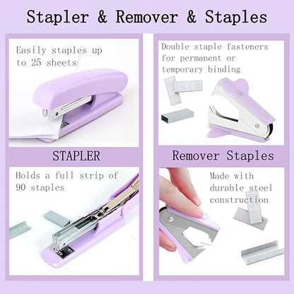 Dimonluce Purple Desk Accessories, Purple Office Supplies Accessories with Tape Dispenser, Stapler, Staple Remover, 1000 Staples, Tape, Clips Set, Ruler, Scissor, Pen - color: Purple