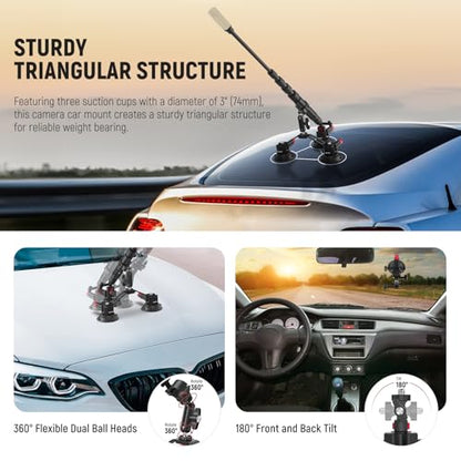 NEEWER Triple Suction Cup Car Mount Compatible with Insta360 X5 X4 GoPro DJI OSMO 360 Cameras, Quick Release Outside Windshield Magic Arm Mount Kit with 2 in 1 Extension Pole/Selfie Stick, CA065 - style: CA065
