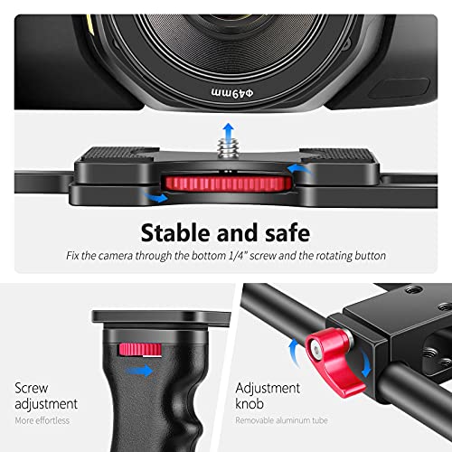NEEWER Camera Video Cage Film Movie Making Kit, Aluminum Alloy with Top Handle, Dual Hand Grip, Two 15mm Rods, Compatible with Canon Sony Fujifilm Nikon DSLR Camera and Camcorder (Black + Red) - style: CG -MF Red