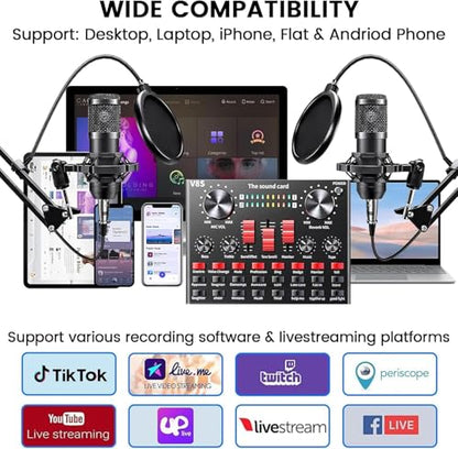 Podcasting Equipment Bundle, BM-800 Studio Kit with Voice Converter for Gamers,and All-in-One DJ Mixer Perfect for Laptop Vlog Living Broadcast Live YouTube TikTok (V8K)