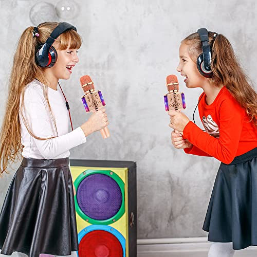 Amazmic Kids Karaoke Microphone Machine Toy Bluetooth Microphone Portable Wireless Karaoke Machine Handheld with LED Lights, Gift for Children Adults Birthday Party, Home KTV(Champagne) - color: Rose Gold Plus