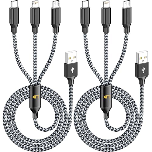 IDISON 3 in 1 Multi Charging Cable 4FT 2Pack, MFi Certified USB A Charger Cord with Lightning USB C Micro USB, Nylon Braided Universal Phone Charger for iPhone iPad Android Tablets Travel - color: Silver/White-4ft-2Pack