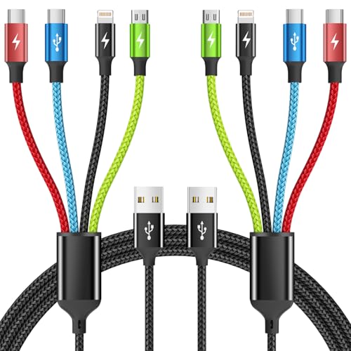 4 in 1 Multi Charging Cable, 2 Pack 5FT Charging Cords for Multiple Devices | USB Cable Phone Charger with USB C, IP and Micro, Nylon Braided, Cruise Essentials 2026, Travel Car Accessories - color: Black_Red_Blue_Green, size: 2Pack 5FT