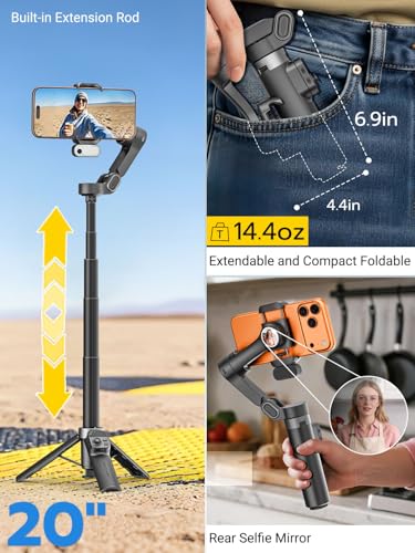 AOCHUAN AI Face Tracker Gimbal Stabilizer for iPhone w/Magnetic Remote, 360° Pan Rotation 3-Axis Gimbal for iPhone, Stabilizer w/Light, Built-in Extension Rod & One-Touch Open Tripod, Volg, Sport - size: X3AI