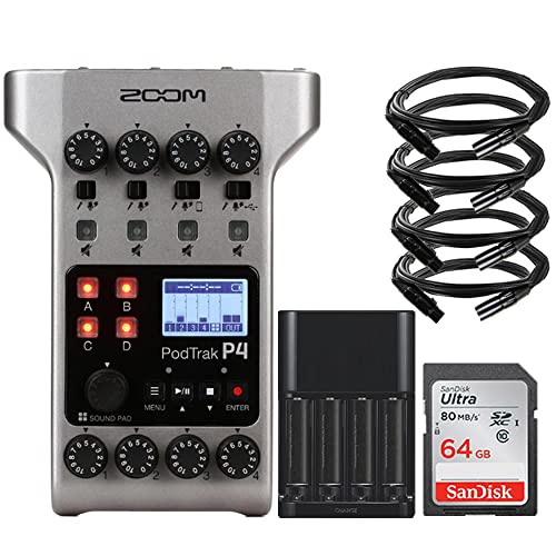 Zoom PodTrak P4 Portable Multitrack Podcast Recorder + 4x Pig Hog 8mm XLR Microphone Cable Male to Female 6 Ft + Accessory Kit