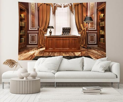 6x4ft Luxury Wood Home Office Backdrop Retro Classic Desk Chandelier Bookshelf Window Library Video Conference Background Business Conversation Room Video Recording Zoom Calls Photo Props - size: 6x4FT