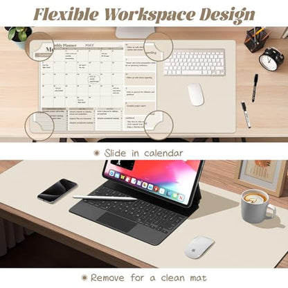 JJPRO Dual-Layer Dry Erase Desk Mat,Large Multi-Use Dry Erase Desk Calendar,Erasable Desk Pad,Double-Sided Faux Leather Desk Pad,Reusable Large Mouse Pad for Office, Home - Eggshell -16"x34" - color: Eggshell