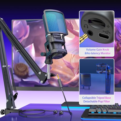 ZealSound Microphone for PC, USB Condenser Gaming Mic with Noise Reduction, Gain Control, Mute, Zero-Latency Monitoring, RGB Lighting, Boom Arm & Tripod Stand for Mac iPhone Android Podcasting TikTok - color: Black