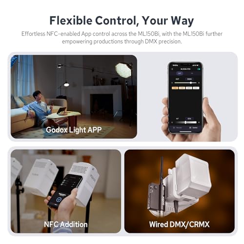 Godox ML150Bi Bi-Color COB LED Video Light 150W, 61054Lux@1m, 2800K-6500K, 11 FX, Compact COB LED Continuous Output Lighting for Studio & Outdoor Shooting, APP/DMX/RDM Control, Handheld LED Monolight - color: ML150Bi