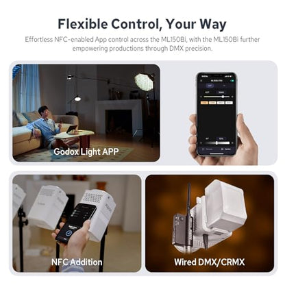 Godox ML150Bi Bi-Color COB LED Video Light 150W, 61054Lux@1m, 2800K-6500K, 11 FX, Compact COB LED Continuous Output Lighting for Studio & Outdoor Shooting, APP/DMX/RDM Control, Handheld LED Monolight - color: ML150Bi
