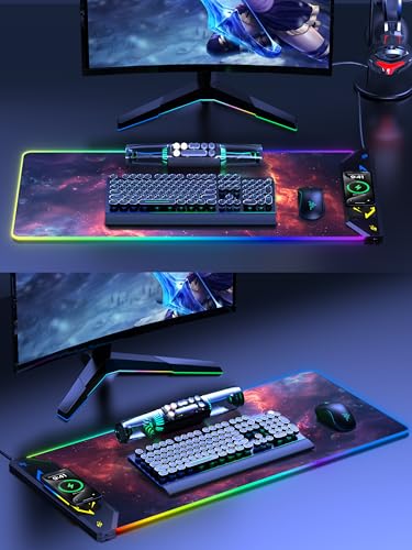 TopMade Wireless Charging Mouse Pad, RGB Gaming Mousepad, 35.4" x 15.8" Extra Large Waterproof Keyboard Desk Pad, Computer Desk Mat, Red Nebula (Includes 20W PD Power Adapter & 6.56ft Woven Cable) - color: RGB-Red Nebula-35.4"x15.8"-with Adapter