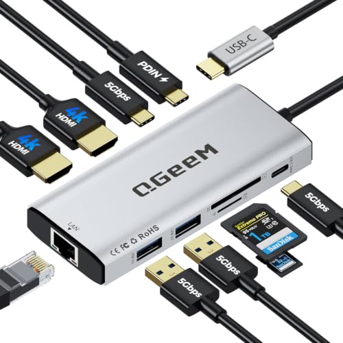 USB C Hub,10 in 1 Laptop Docking Station 2x4K@60Hz,Type-C Multiport Adapter with Dual HDMI,PD100W,5Gbps Data Ports,Extender Splitter,Card Reader,Ethernet Dock for Mac/Dell/HP/Surface/Steam Deck - color: Silver