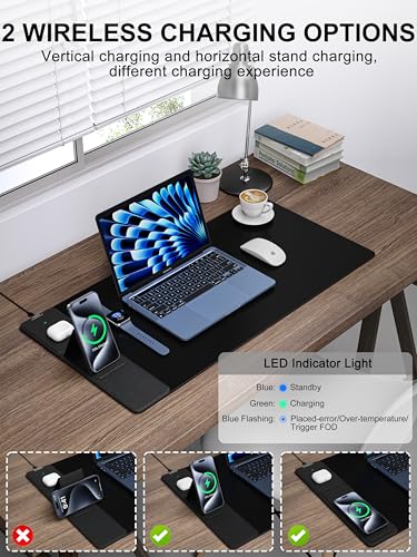 Wireless Charging Mouse Pad with Foldable Phone Holder, 31.5" x 15.8" XXL Large Desk Pad, Gaming Mousepad with Ultra-Smooth Surface, Non-Slip Base, Black Waterproof Desk Mat, with 20W PD Charging Kit - color: Black-Phone Holder-31.5"x15.8"-with Adapter