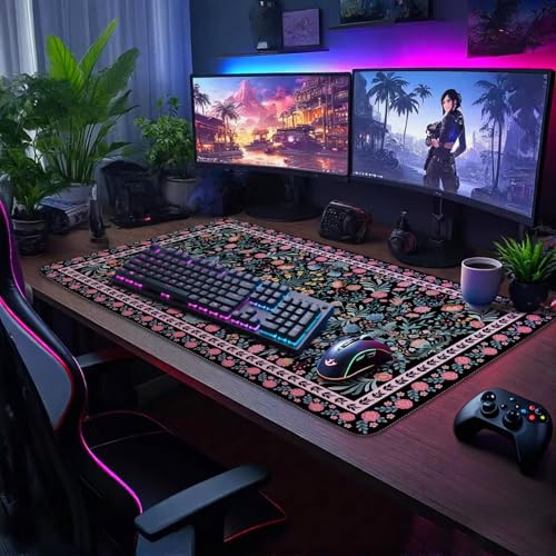 Black Floral Desk Mat, 31.5"x15.7" Large Mouse Pad, Anti-Slip Rubber Base Mousepad, Keyboard Pad with Stitched Edges, Water-Resistant Smooth Desk Blotter, Computer Mat for Home Office Desk - color: Black Floral
