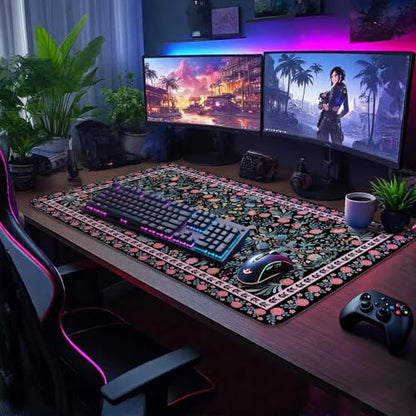 Black Floral Desk Mat, 31.5"x15.7" Large Mouse Pad, Anti-Slip Rubber Base Mousepad, Keyboard Pad with Stitched Edges, Water-Resistant Smooth Desk Blotter, Computer Mat for Home Office Desk - color: Black Floral