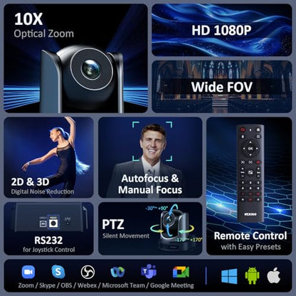 NexiGo Conference Room PTZ Camera System with 10X Optical Zoom, Remote Control, USB Output & Autofocus for Live Streaming, Meetings, Church Services, Education, for OBS/Zoom/Skype | Easy Setup - style: Optical Zoom FHD