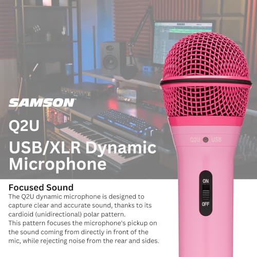 SAMSON Q2u USB and XLR Dynamic Microphone Bundle and Tx 100 (Pink, 3 Items) | Samson Q2u USB and Xlr Mic, 3.5mm Zero-Latency Monitor, Includes Tx-100 Headphones and Knox Gear Pop Filter