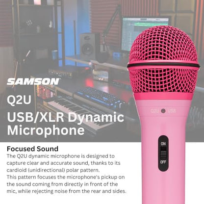 SAMSON Q2u USB and XLR Dynamic Microphone Bundle and Tx 100 (Pink, 3 Items) | Samson Q2u USB and Xlr Mic, 3.5mm Zero-Latency Monitor, Includes Tx-100 Headphones and Knox Gear Pop Filter