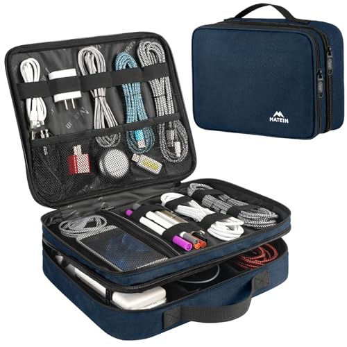 MATEIN Cord Organizer Travel for Men, Large Travel Accessories Changer Case for Cables, Cell Phone and Tablet (Up to 12.9inch), Portable Double Layers Cable Organizer Box, Navy Blue, Tech Gifts - color: Navy Blue, size: Large