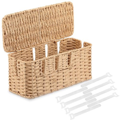 Cable Management Box with Lid Woven Paper Rope Desktop Cable Storage Box with 8 Open Slots Decorative Cord Hider Organizer Boxes for Home Office Living Room Decor, 13" x 5.1" x 5.1"