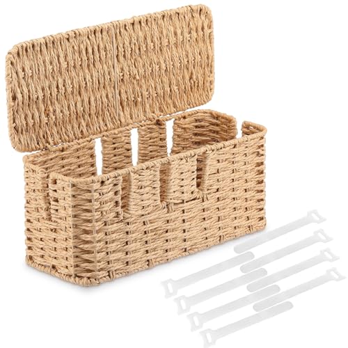 Cable Management Box with Lid Woven Paper Rope Desktop Cable Storage Box with 8 Open Slots Decorative Cord Hider Organizer Boxes for Home Office Living Room Decor, 13" x 5.1" x 5.1"