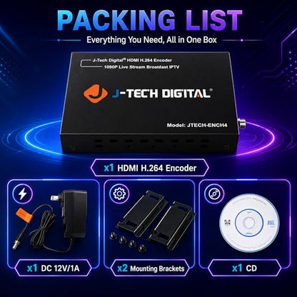 J-Tech Digital HDMI Encoder, 4K 60Hz Input 1080P 60Hz Output H.264 H.265 IPTV Network Video Encoder, Supports UDP, HTTP, RTSP, RTMP, RTMPS, SRT, HLS, FLV, ONVIF Protocols [JTECH-ENCH4] - size: 4K Input Encoder