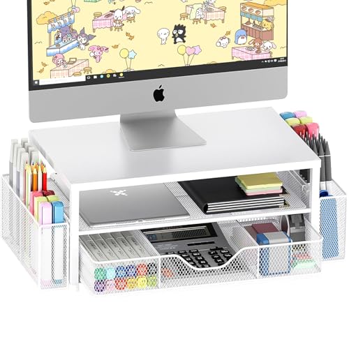 OPNICE Desk Organizers and Accessories, 2-Tier Computer Monitor Stand Riser with Drawer and 2 Pen Holders, Laptop Stand, Office Desk Accessories for Office Supplies, White - color: White 1-Pack, size: Single