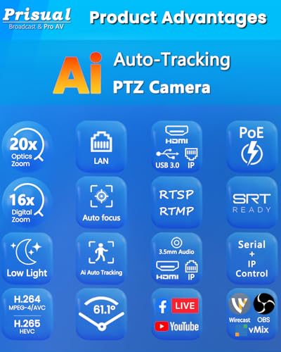 Prisual HDMI PTZ Camera AI Auto-Tracking, 20x Optical Zoom IP USB3.0 PoE HDMI PTZ Camera Perfect for Church Services Worship Education Video Conference, PT20X-UL Free NDI License Upgrade - color: Nickel Gray
