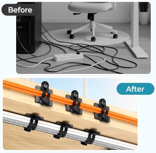 Kanemc Cable Clips Management Kit, 15 Cable Holder with Silicone Cord Ties, 15 Nylon Zip Tie, Extra 15 Screws & 8 Adjustable Cable Straps for Workspace Organizers Computer TV Under Desk Wire Setup