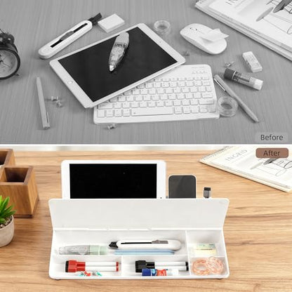 VUSIGN Glass Desktop Whiteboard with Storage, 6.8" x 15.8" Small Dry Erase Board, Desk Organizer Whiteboard, Computer Keyboard Stand, Includes 4 Markers, 1 Eraser for Office, Home, School
