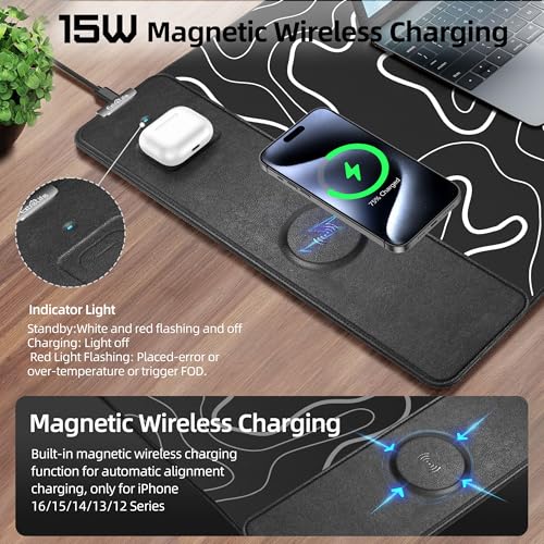 Mouse Pad with Wireless Charging, Gaming Mouse Pad with Ultra-Smooth Surface, Large XXL Desk Mat, Non-Slip Mouse Mat, Waterproof Computer Keyboard Pad for Gaming, Desk, Office, PC, 800x400x4MM, Black - color: Black and Topographic Line - 31.5"x15.7"