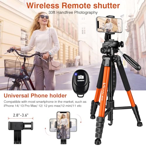 Tripod for Camera, 72" Tall Camera Tripod & Monopod with Remote, Professional Heavy Duty Compact Camera Stand for Phone, DSLR, Spotting Scope, Telescope, Binocular - color: Orange