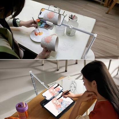 Overhead Phone Mount Floor Phone Holder Stand, Tripod for Recording Cooking Videos, Bedside Adjustable Arm Reading Stand, 360° Rotation Bed Phone Holder, Compatible with iPhone Samsung and More