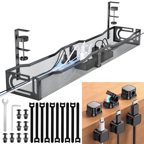 Cable Management Under Desk, 25.3'' No Drill Desk Cable Management Tray with Clamp, Metal Cord Organizer for Standing Desk, Computer Wire Management for Home Office & Gaming Setup, Black - color: Black