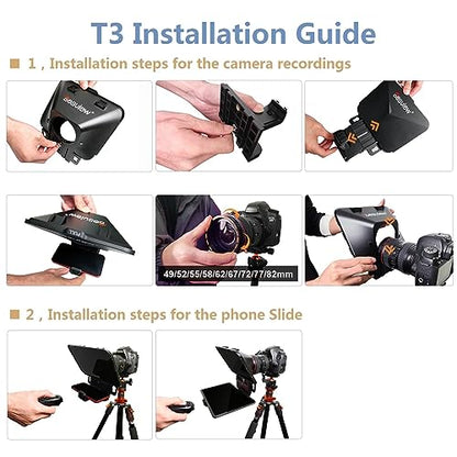 Desview T3 Portable Teleprompter for Camera & Smartphone, Tablet Prompter for iPad up to 10", 70/30 Beam Splitter Glass, 9 Adapter Rings for DSLR, YouTube Video Recording & Live Streaming