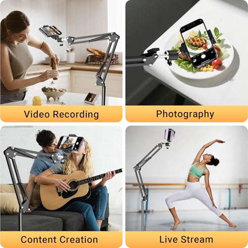 Floor Overhead Phone Mount, Phone Tripod Stand for Video Recording, Arm Holder Compatible with iPhone Camera with 1/4”Screw for Filming, Food Photograhy, Live Content Creation
