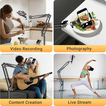 Floor Overhead Phone Mount, Phone Tripod Stand for Video Recording, Arm Holder Compatible with iPhone Camera with 1/4”Screw for Filming, Food Photograhy, Live Content Creation