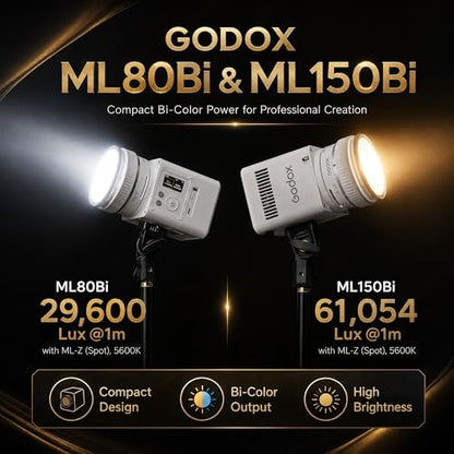 Godox ML150Bi Bi-Color LED Video Light, 61054Lux@1m, 2800K–6500K, CRI96, TLCI96+, Godox Mount, APP/NFC Control, Compact Handheld Light for Studio, Portrait & Outdoor Shooting (Battery Not Included)
