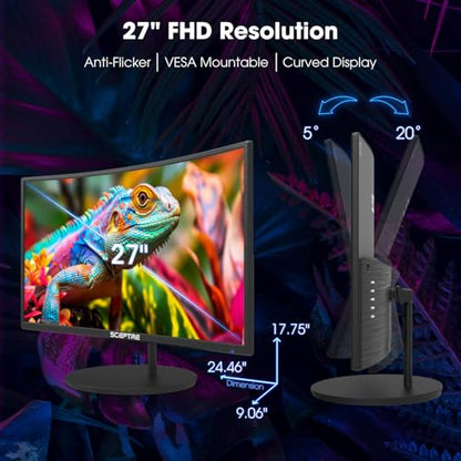 New! Sceptre Curved 27-inch Gaming Monitor 100Hz 1080p R1500 98% sRGB HDMI x2 VGA Build-in Speakers, VESA Wall Mount Machine Black 2026 (C275W-1920RN Series) - style: 27" Curved Gaming 2025