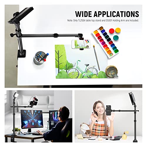 NEEWER TL253A+DS001 Table Camera Tripod with 2 Telescopic Arms, Phone Holder, Ball Heads, Screw Adapter, Table Light Stand for Camera, Mobile Phone, Webcam, Ring Light