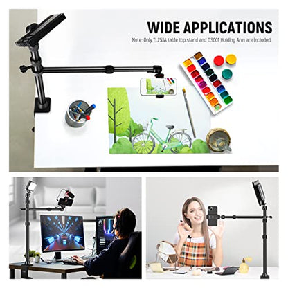NEEWER TL253A+DS001 Table Camera Tripod with 2 Telescopic Arms, Phone Holder, Ball Heads, Screw Adapter, Table Light Stand for Camera, Mobile Phone, Webcam, Ring Light