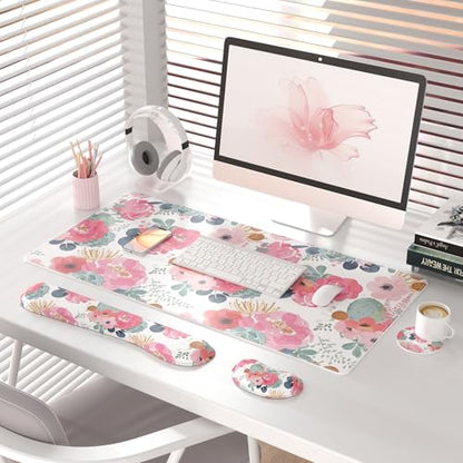 QIYI Leather Desk Mat Set, 4-in-1 Large Mouse Pad with Ergonomic Wrist Rest, Waterproof Desk Pad + Keyboard Wrist Rest + Mouse Wrist Support + Coaster, Non-Slip Office Gaming Accessories, Pink Flowers - color: Watercolor Pink Flowers